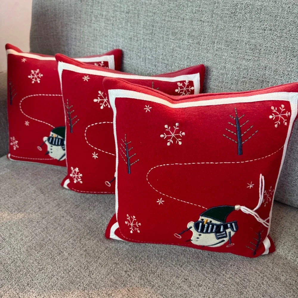Crate & Barrel Snowday Red Wool Embroidered Snowman Throw Pillows Set of 3 12x12